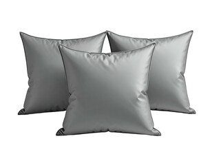 Three square gray pillows with shiny, silky textures, positioned on a black background