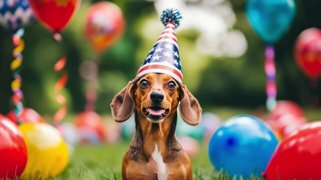 Playful dachshund celebrating outdoors with balloons and festive hat
