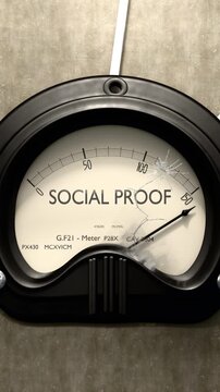 Social proof meter showing big levels of social proof. Dangerously increasing values of social proof, critical overload. Too much, off the charts. Max social proof