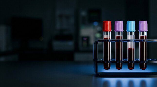Blood collection tubes in laboratory setting with dark background  