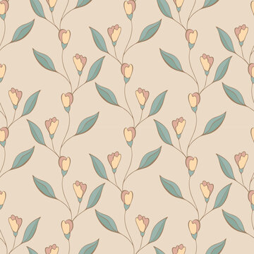 Spring floral print featuring fine lines and soft pastel palette. Minimalistic linear designs, used for textiles, wallpaper, or graphic design, feature beige background, muted pink and yellow flowers,