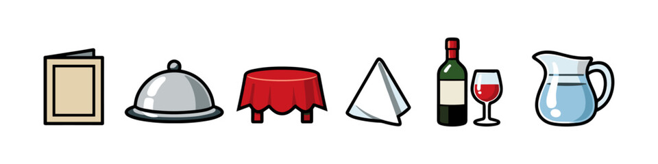 Obraz premium Restaurant service elements including menu, cloche, tablecloth, napkin, wine, and pitcher