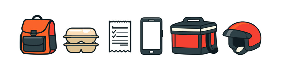 Naklejka premium Food delivery service icons: backpack, food containers, receipt, phone, thermal bag, and helmet