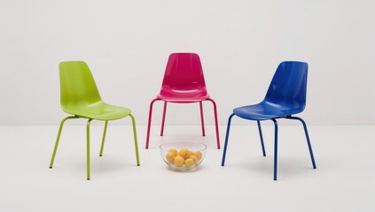 Fototapeta premium Three colorful modern chairs and glass bowl of lemons on minimal white background