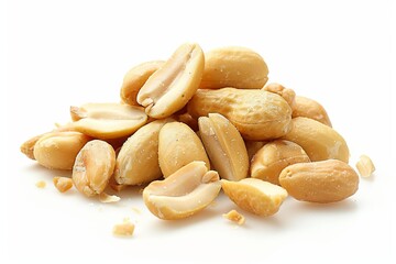 Fototapeta premium Close up of roasted peanuts, showcasing both whole and broken pieces, creating a textured mound against a white backdrop