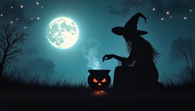 Witch brewing potion under full moon
