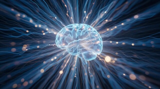 Abstract Digital Brain with Glowing Neural Network Connections and Data Streams