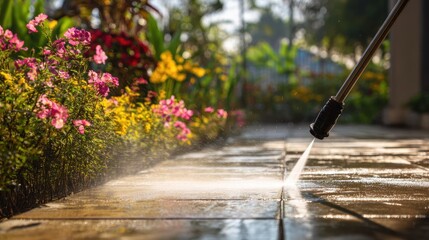 Close-up of a pressure washer nozzle cleaning a stone patio walkway in a lush blooming garden on a sunny day