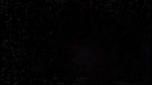 Data Matrix Digital Rain Background. Countless tiny red, blue, and green digital pixels flickering across a dark screen, representing big data and coding.