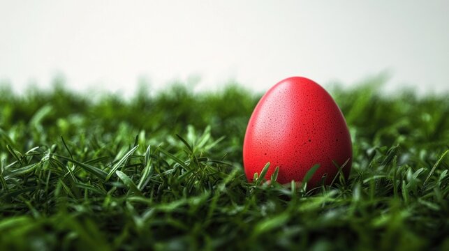 single red speckled egg resting in lush green grass with soft blurred background, evoking calm gentle curiosity