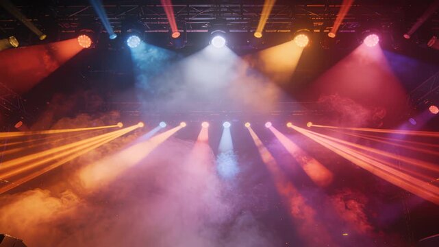 Starting fog machine lighting rig casting red blue beams over concert stage for show, ceiling truss