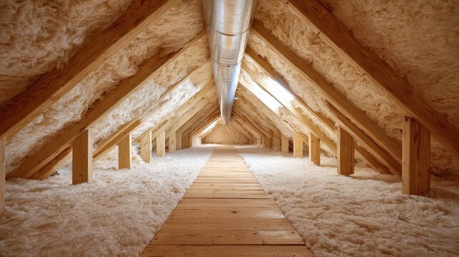 Clean modern residential attic featuring new blown-in fiberglass insulation and spray foam on wooden rafters with central HVAC ductwork