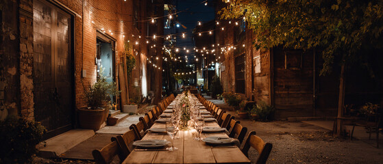 Fototapeta premium Outdoor Evening Dining Experience with String Lights and Cozy Ambiance at Urban Restaurant Celebration
