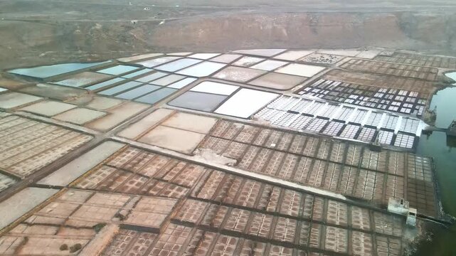 Aerial images of the Janubio salt flats on the island of Lanzarote, and the Canary Islands, in Spain, during sunset, 4k 30fps 1 inch sensor DJI, drone image
