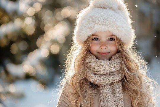 person wearing a fluffy white hat and chunky knitted scarf in a snowy forest with golden bokeh light, long wavy blonde hair, cozy peaceful mood