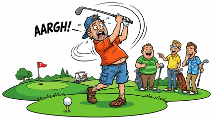 Funny Cartoon Golf Scene with Amateur Golfer Swinging and Friends Laughing