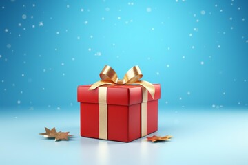 Red gift box with a gold ribbon on a blue background, with falling snowflakes and gold stars