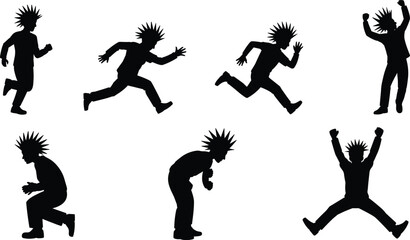 Black silhouette illustration of six people with spiky hair in dynamic poses, symbolizing energy, motion, and body language for design, animation, and creative concepts © MDAMIRHAMJA