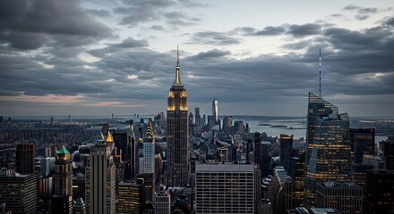 Fototapeta premium The iconic New York City skyline, featuring the Empire State Building, glows under a dramatic, cloudy twilight sky during evening hours.