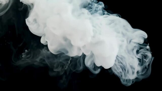 Thick White Smoke Plume Flow. Dense white vapor or smoke moving rapidly from left to right, curling and expanding into a dark void with realistic fluid dynamics.