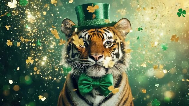Tiger in green top hat and bow tie surrounded by shamrocks on st. patrick's day. Saint Patrick's Day, St Paddy's Day, St Patty's Day - Irish National Holiday and Cultural Celebration