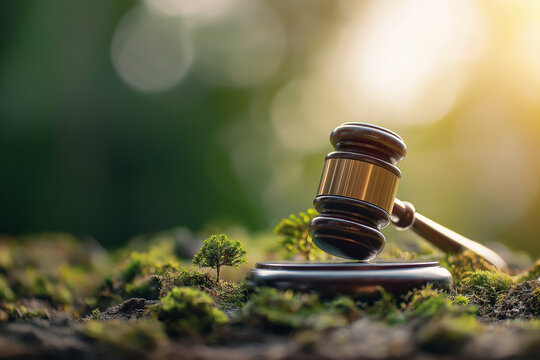 Icon gavel on the nature background in The concept of business corporate and industry. law world for environmental regulation. sustainable environment concept
