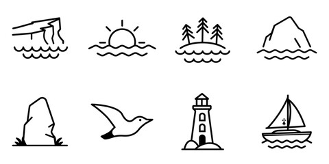 Collection d’icônes vectorielles minimalistes inspirées des paysages bretons : falaises, phare, voilier, coucher de soleil, rocher et mouette, en dessin au trait noir. © Manon