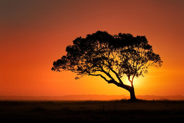 Panoramic Silhouette of Lone Tree in African Savanna at Dramatic Sunset and Sunrise Light, Minimal Nature Landscape Background