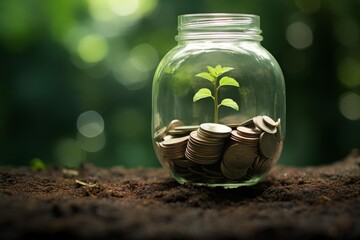 Plant growing in a jar of coins representing financial growth