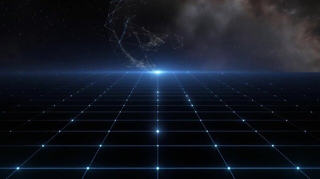 Futuristic digital grid with glowing points and abstract space network under starry sky