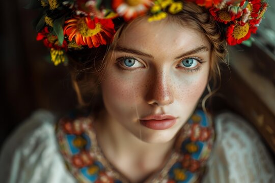Portrait of a ukrainian woman with blue eyes and freckles, wearing a flower crown and traditional embroidered blouse