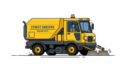 Obraz premium Yellow street sweeper truck cleaning road, flat design illustration