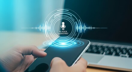 Fototapeta premium AI Voice Assistant on Smartphone with Modern Workspace