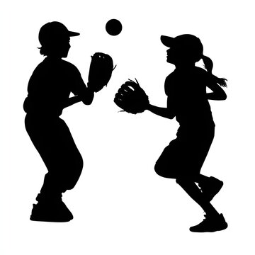 Kids baseball players silhouette playing catch isolated on white background, youth team sport concept, dynamic athletic illustration for logo and design use.