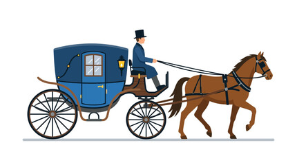 Horse drawn carriage with driver in top hat, blue ornate coach, vintage transport illustration