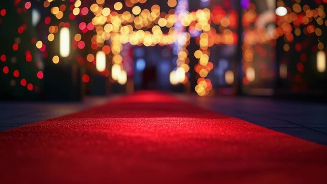 A festive atmosphere with a vibrant red carpet leading into the event, adorned with strings of colorful lights