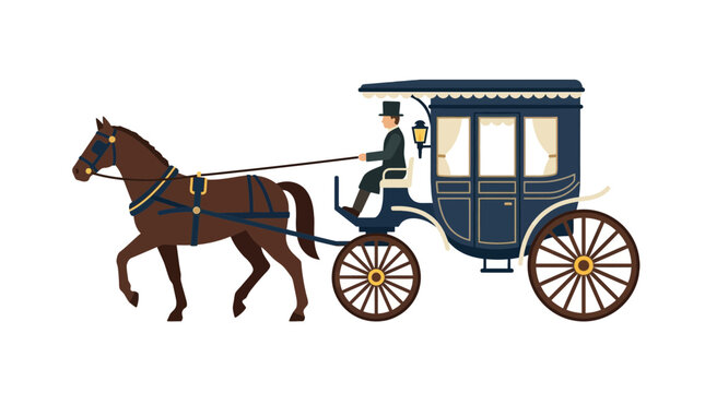 Horse-drawn carriage with driver on white background