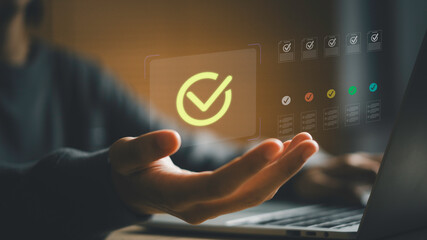 Business approval and compliance verification concept with digital checklist interface, Quality...