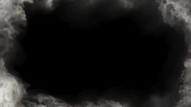 Cinematic Thick White Smoke Frame Loop. Heavy rolling clouds of white smoke creating a border frame on a black background for titles or overlays.