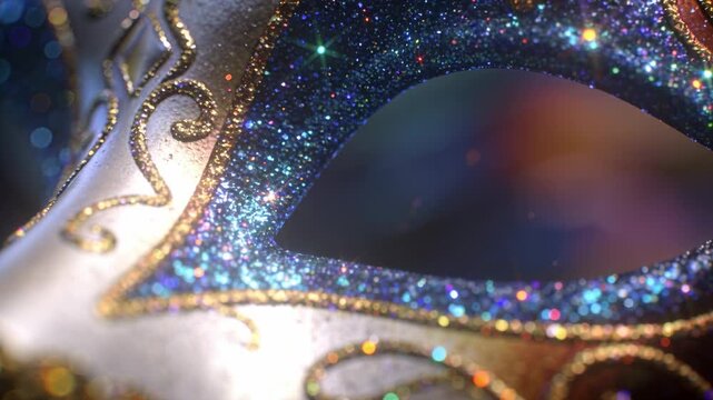 Shifting camera and light revealing mask with gold filigree on studio set, to catch blue glitter