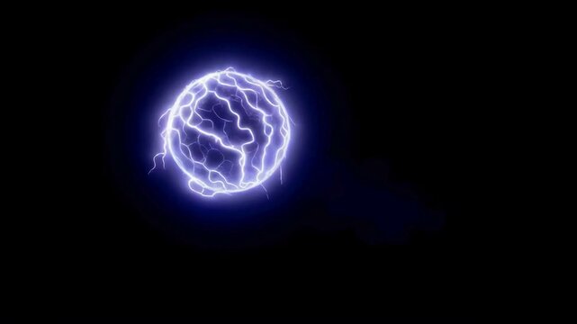 Blue Plasma Ball Lightning Energy Loop. A concentrated sphere of blue electric plasma with lightning discharges swirling inside on a black background.