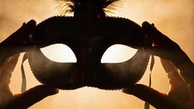 Lifting ornate mask, painted hands revealing feathers against studio light and smoke for reveal