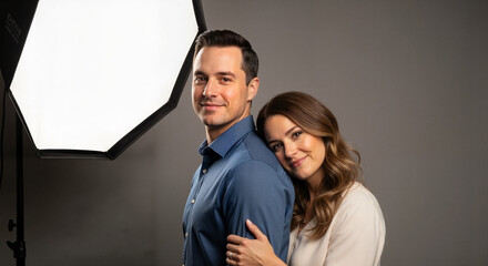 Fototapeta premium Couple smiling and embracing in studio with soft lighting 