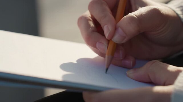 White hand sketching with pencil on textured paper, light graphite lines and soft shadows, focused grip and steady wrist, outdoor bench lighting, close angles capture fine detail and process