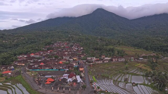 Aerial view of jatiluwih rice terraces and village in bali