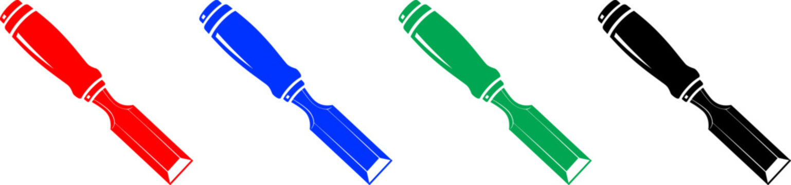 Four wood chisels in red, blue, green, and black colors for woodworking and carving tasks