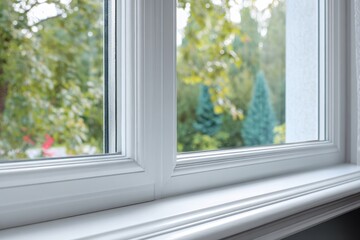 Fototapeta premium New plastic PVC window with white metal frame installed at modern house, city street urban view. Typical installation of insulated glazing windows. uPVC frame high thermal insulation values in room