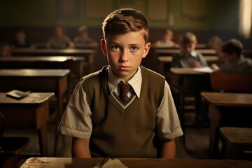 Obraz premium Young student wearing a uniform sitting at a desk during a class, feeling nostalgia for education