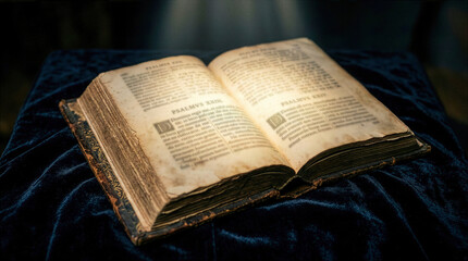 Obraz premium Open ancient Bible with Latin text, Psalms 23 and 24 on weathered paper, golden light on old scriptures, holy book on blue velvet, Christian faith, Good Friday, religious concept.