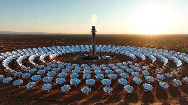 Aerial view of a concentrated solar power plant in the desert, harnessing sunlight for clean, renewable energy.